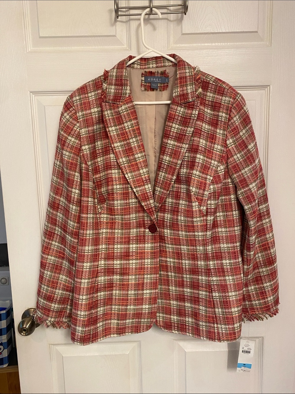 Koret Pink and Cream Plaid Tweed Single-Button Blazer